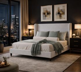 Queen Bed Frame 51.2" Wingback Headboard Linen Upholstered Platform Bed with Solid Wood Legs & Wooden Slats, No Box Spring Needed, Modern Minimalist S