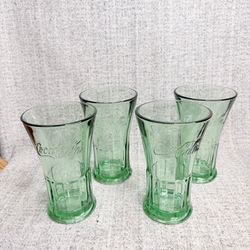 4 Coca Cola Thick Tall Green Drinking Glasses 6” Embossed Coke Tumblers