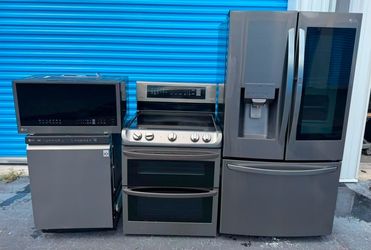 Complete LG stainless steel black kitchen set combo package  (refrigerator, stove, microwave, dishwasher)