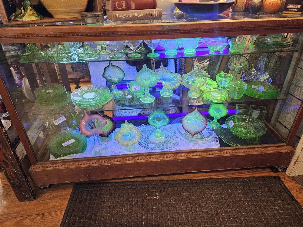 URANIUM GLASS GREEN & OTHER ANTIQUE GLASS
