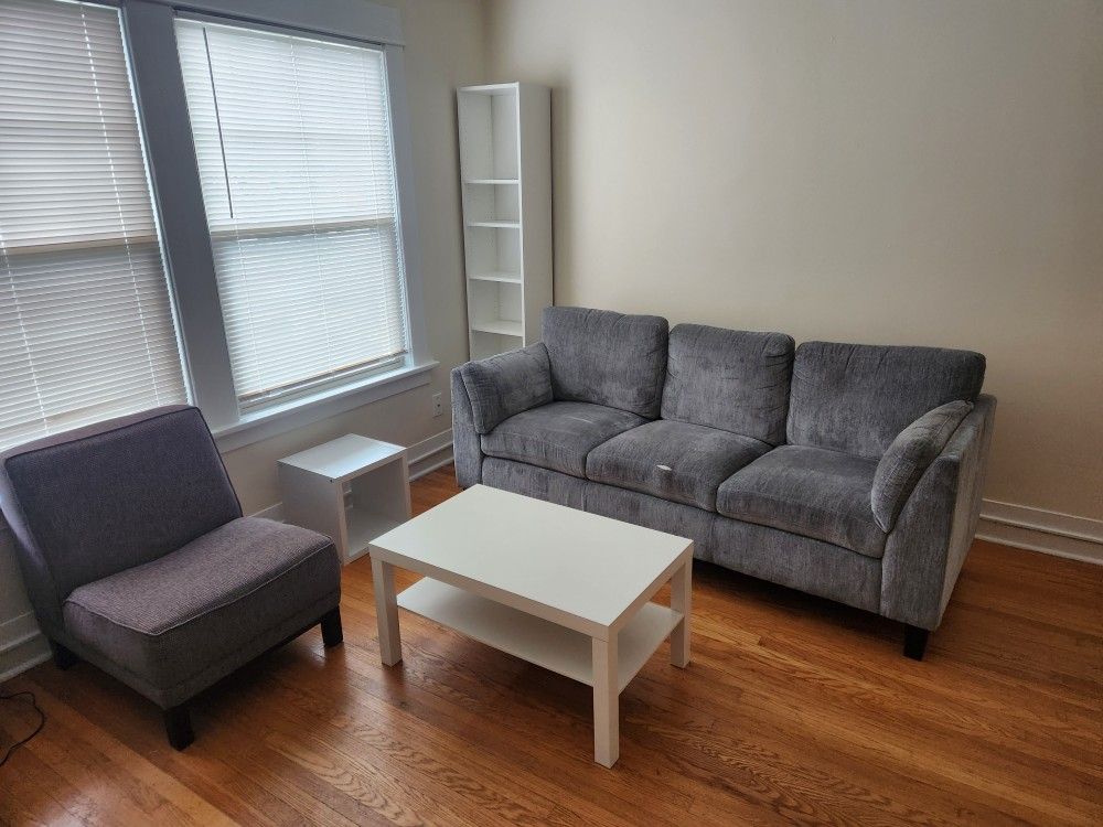 Blue Couch and white Bookshelf And Table