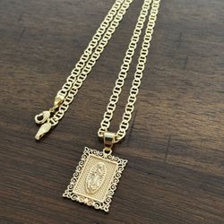 Gold Filled Square Virgin Mary With 20 Inch Mariner Necklace