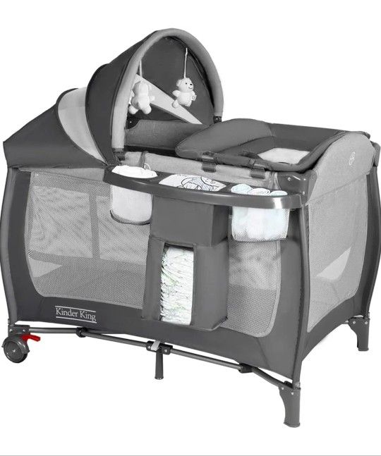 Kinder King 4 in 1 Portable Pack n Play, Baby Nursery Center Playard w/Bassinet, Large Playpen for Infant and Toddler, Newborn Changing Table, Adjusta