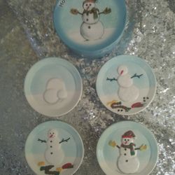 MWW Market HOW TO BUILD A SNOWMAN 4.5" Mini Plate Set 4Pc Blue Christmas MIB

