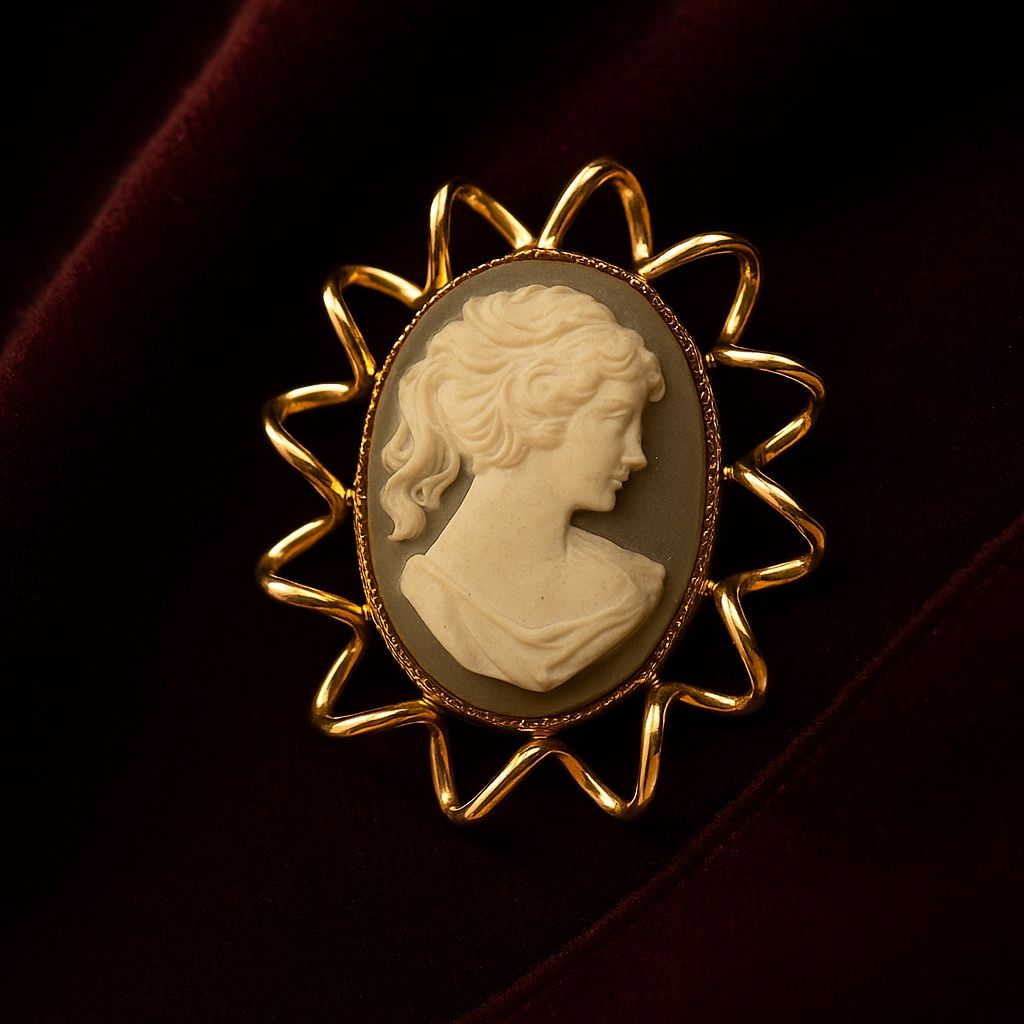 Vintage 1970s Cameo Brooch Gold Ribbon Edge, 1x1.5”