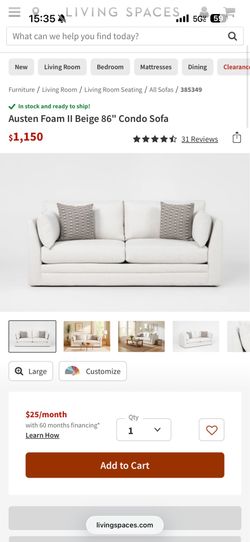 Austen foam II 86” living spaces couches