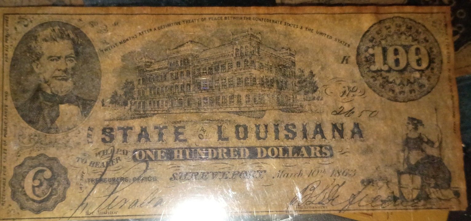 Authentic Louisiana Confederate 100 Bill