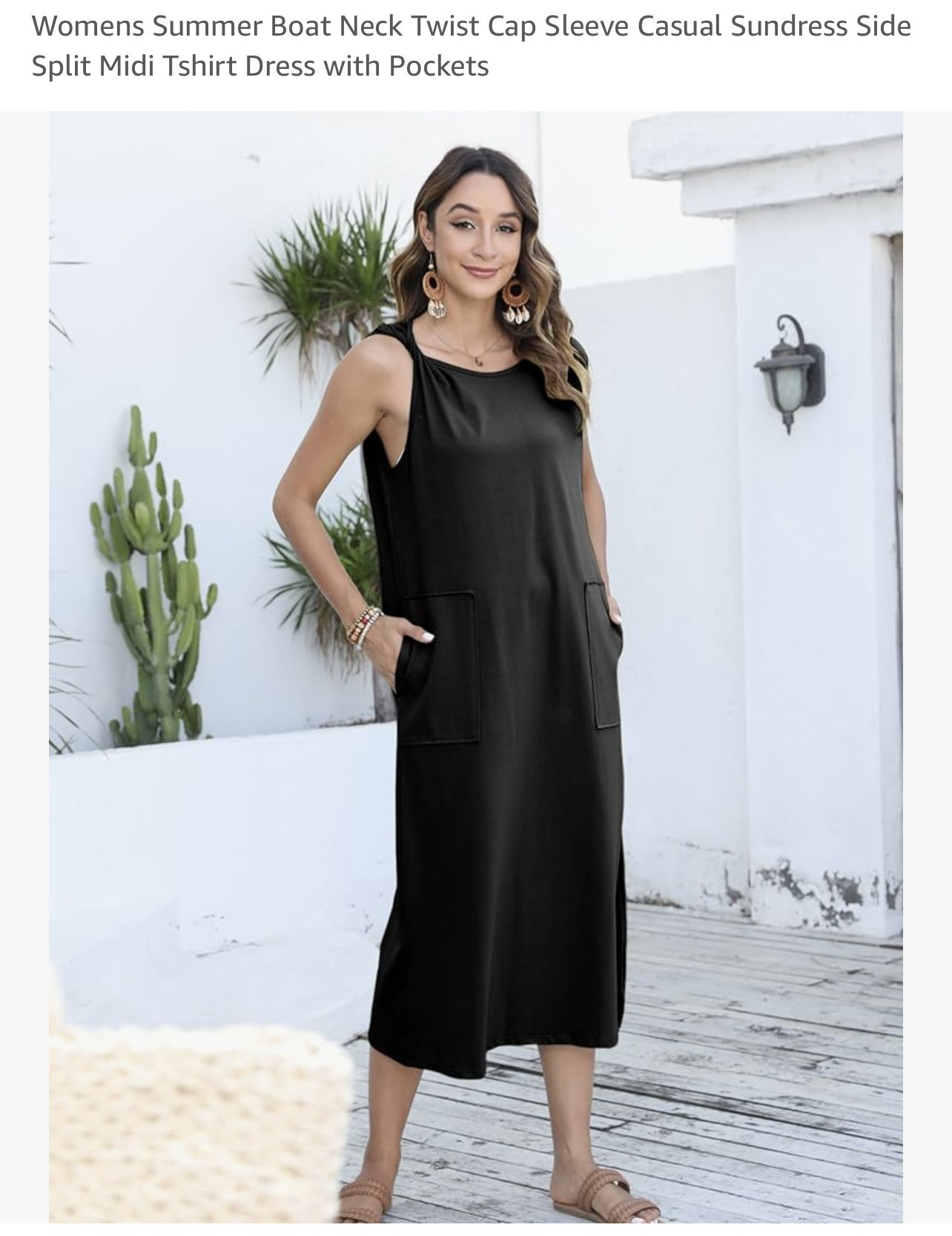Womens Summer Boat Neck Twist Cap Sleeve Casual Sundress Side Split Midi Tshirt Dress with Pockets