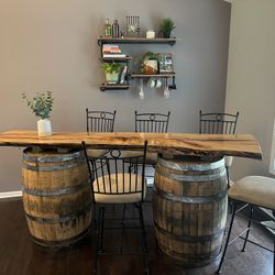 Rustic Live Edge & Barrel Bar With Chairs