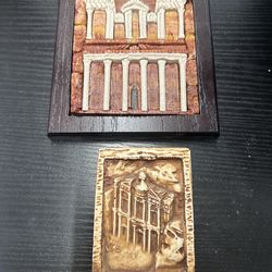 handcrafted stone and wood souvenir depicting the Al-Khazneh (The Treasury) building from the ancient city of Petra in Jordan.