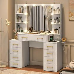 White Vanity Desk with Mirror & LED Lights