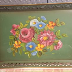 Nice Old Floral Painted Metal Tray 23x16" Signed See Description