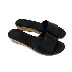 Tory Burch Aerin Black Leather Wooden Wedge Platform Slide Sandals Size 6.5