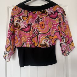 Retro Pink & Orange Paisley Off-Shoulder Blouse – Sheer Chiffon Flutter Sleeve Top – Size Small