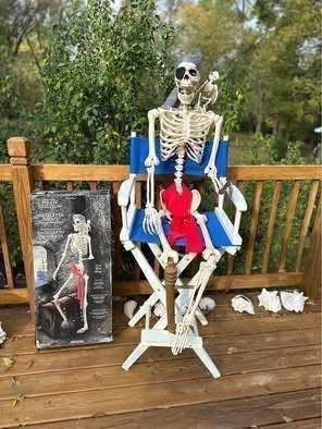 VINTAGE LIFE SIZE 5 Ft. PIRATE POSE-N-STAY SKELETON WITH ATTACHED PARROT & BOX