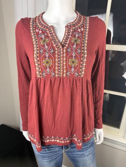 Embroidered Long Sleeve Babydoll Top Size M