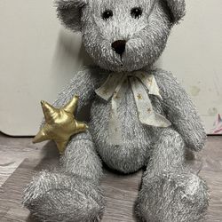B J Toy Co Silver with Gold Star Teddy Bear