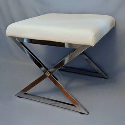 Square faux leather white vinyl padded ottoman foot stool with X frame criss cross chrome base