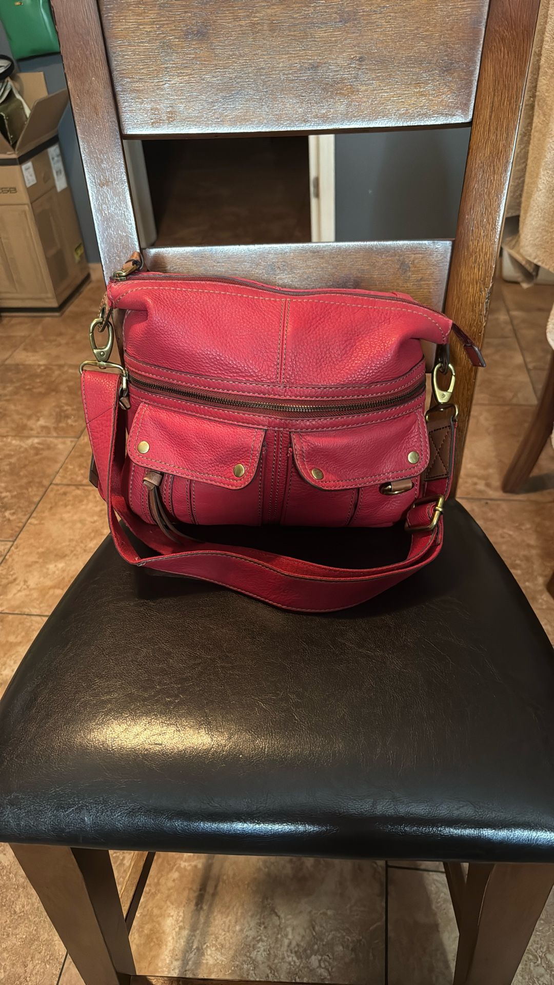 Fossil Morgan Red Pebble Leather Traveler Messenger Crossbody Shoulder Bag 