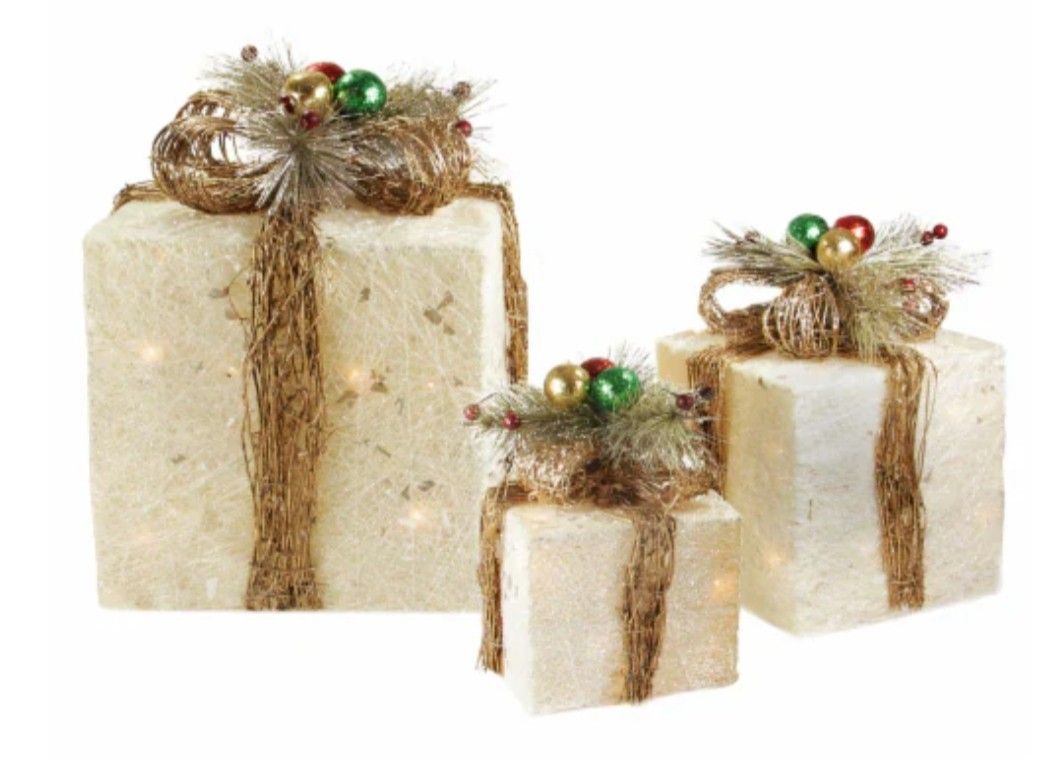 Northlight Set of 3 Lighted Cream Gift Boxes with Twine Bows Outdoor Christmas Decorations