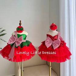 Christmas Baby Girl Dress, Fluffy Red Sequin Holiday Dress, Sparkly Knee Length Toddler Outfit, Shin