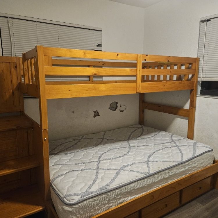 Wood Bunk Bed With Drawers And Stairs,  Twin Over Full 