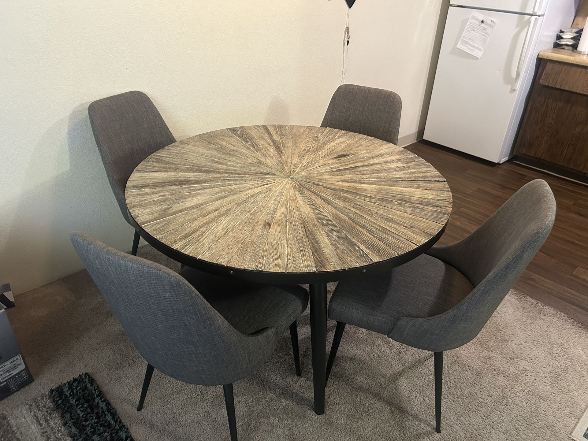 Wood Dining Table with 4 Gray Upholstered Chairs