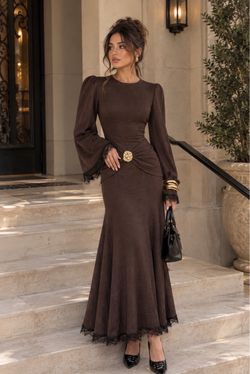 Brown Maxi Dress with Lace Trim