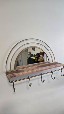 Gold Arch Mirror Wall Shelf w/ hooks