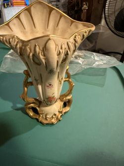 Royal Crown China Ivory White Vase, With Gold Scrolls and Hand Painted Floral