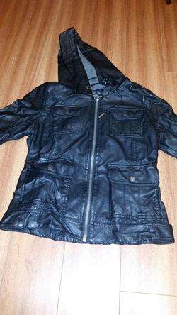 Black leather jacket L. With hood