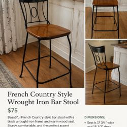 French Country Wrought Iron Bar Stool – Wood Seat – 30.75” Seat Height 
