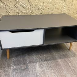 Modern Coffee Table with Open Storage Shelves & Once Large Drawer that Opens on Both Sides of Table