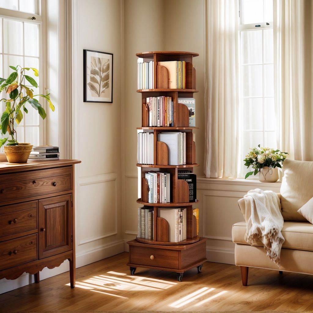 Rotating Bookshelf, 360 Display Corner Bookshelf for Small Space, 6 Tier Bookcase Storage Rack with Wheels, Wood Narrow Organizer for Bedro