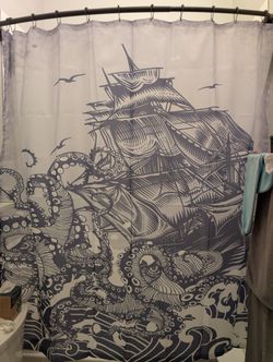 Kraken/Nautical Shower Curtain and Adjustable Twist and Fit Shower Rod