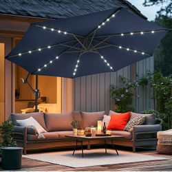 10ft Solar Offset Patio Umbrella, Outdoor Cantilever Patio Umbrellas with Solar LED Lights for Backyard, Poolside and Garden, Easy Tilt Adjustment, 32