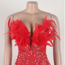 New MEDIUM Feather Sexy Mesh Birthday Party Strapless Dress With Matching Thong 