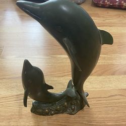 Heavy Decorative  Dolphin Sculpture Featuring another Dolphin and Baby on a Wave Base
