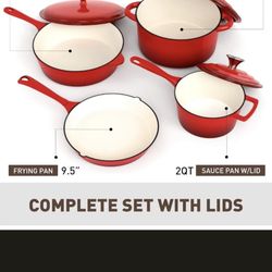 MAISON ARTS Enamel Cast Iron 7 Piece Cookware Set, Heavy Duty Dutch Ovens Pot with Lid,Red Non Stick Pots, Oven Safe up to 500°F