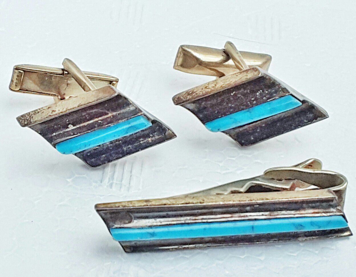 Vintage mid century Mexican taxco turquoise & sterling silver signed 925 cufflinks w tiebar !