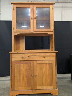 Rustic Pine Wood Kitchen Hutch Cabinet with Glass Doors