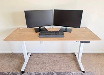 Electric Standing Desk, 63" x 24" Oak Top (Desk Only or Full Monitor Setup)