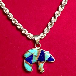 Sterling Zuni Inlaid Bear Necklace