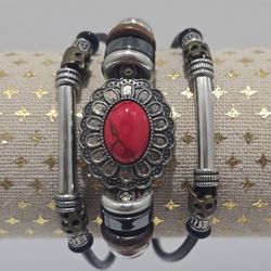 Leather Cuff Bracelet With Red Stone And Metal,  Stainless Steel Brooch
