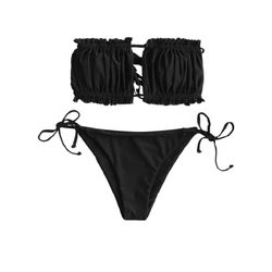 2 Piece Strapless Bikini Swimsuits Ruffle Ribbed Bandeau Bikini Set High Cut Bathing Suits