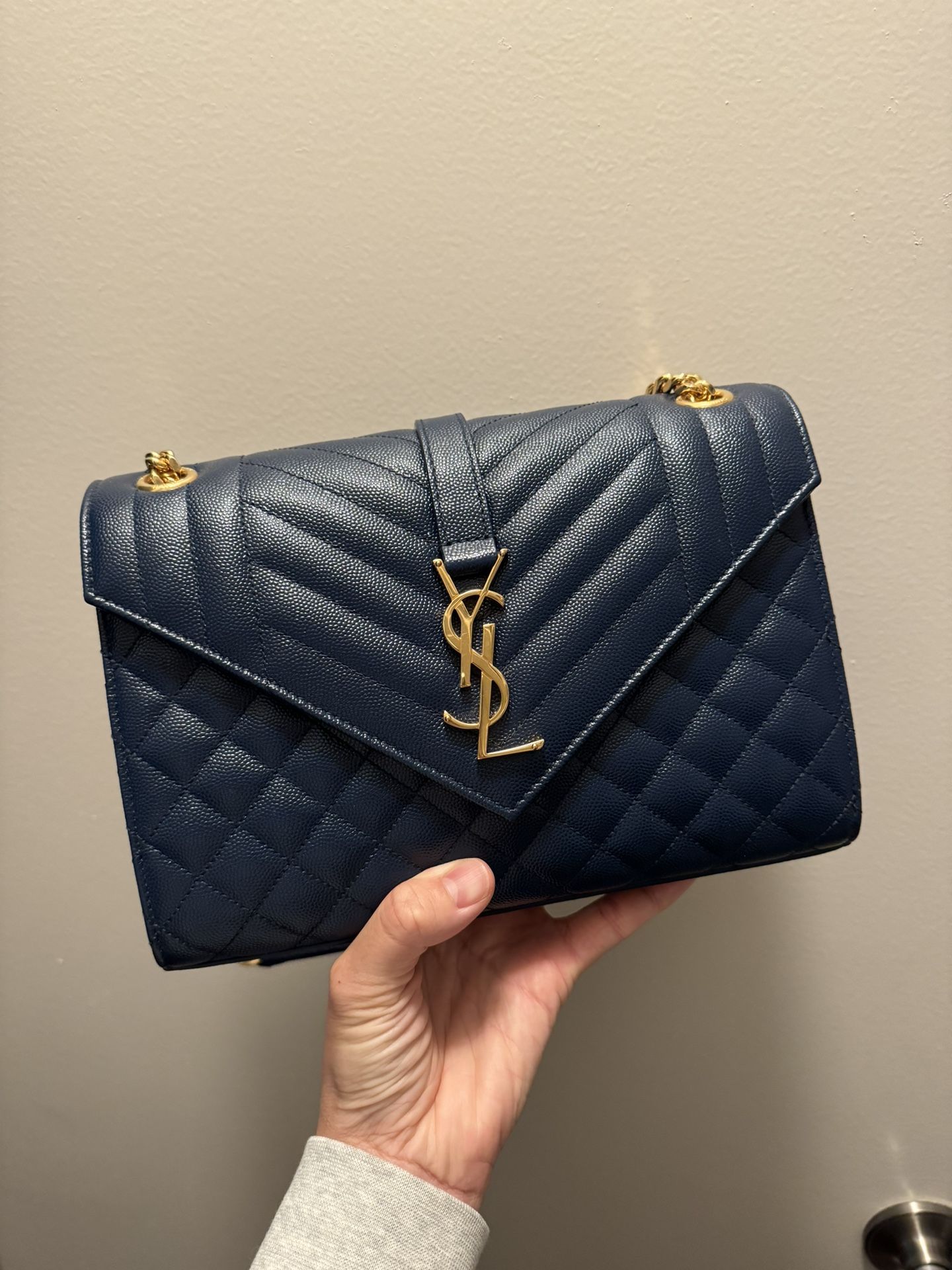 YSL Saint Laurent Envelope Triquilt Medium Shoulder Handbag Navy Dark Blue