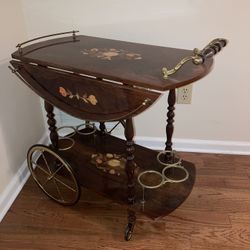 Italian Marquetry Lacquered Drop Leaf Walnut and Brass Coffee / Tea / Bar Cart MCM Antique