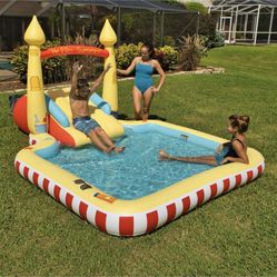 New Specifications  Portable pool Water spray arch Two-step slide Ages 3+ Easy hose connection Heavy-duty handles Heavy-gauge PVC for long-term use Sp