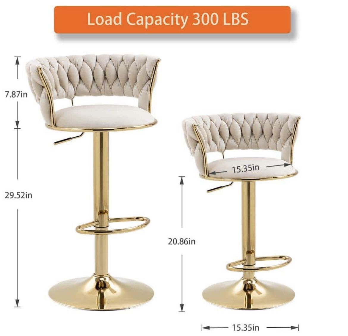 360° Velvet Swivel Bar Stools with Low Back & Footrest, Adjustable Counter Barstools, Gold Bar Stool (Set of 2, Ivory)