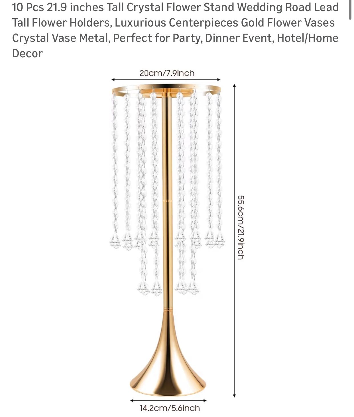 2pack 21.9 inches Tall Crystal Flower Stand Wedding Road Lead Tall Flower Holders, Luxurious Centerpieces Gold Flower Vases Crystal Vase Metal, Perfe